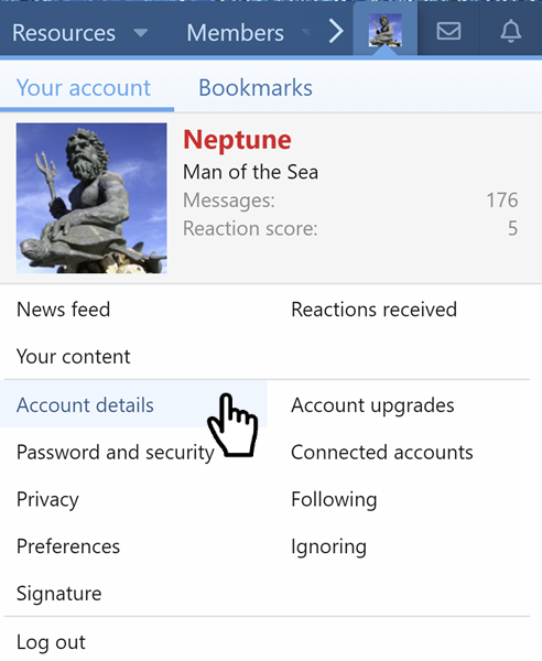 Neptune Menu, account details