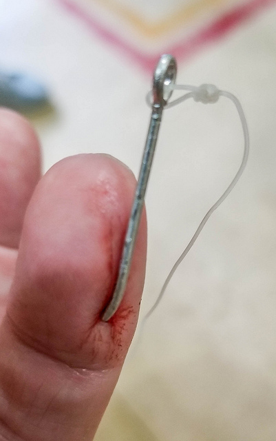 Can anyone share a photo of a fishing hook in their hand or finger?