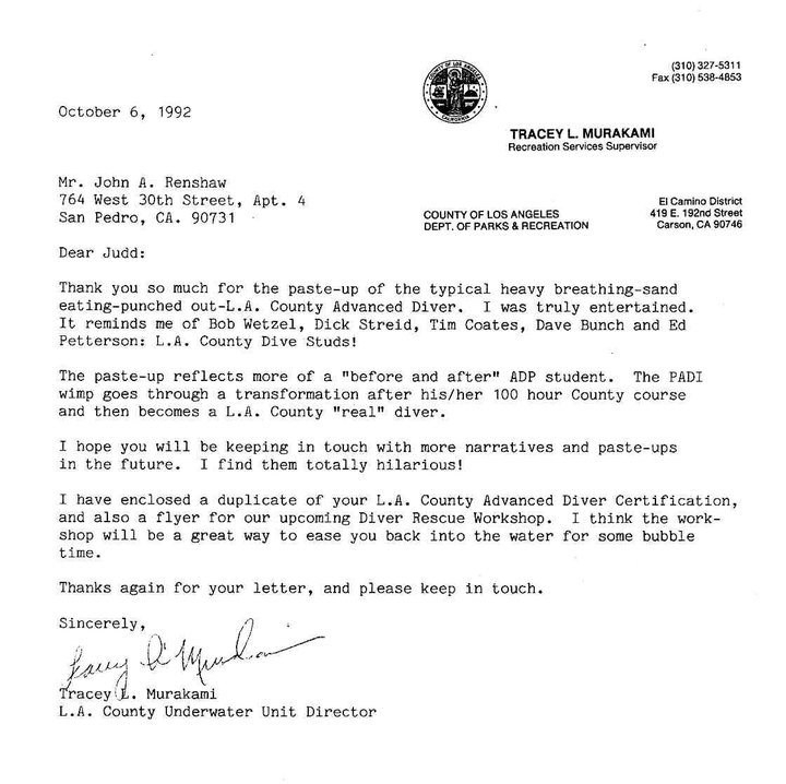 scuba diving l982 letter from Tracey Murakami Jue LACO Parks and Recreation.jpg
