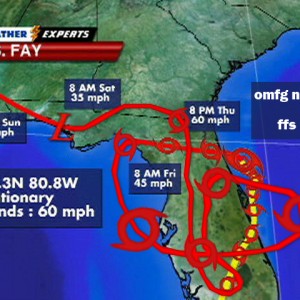 Hurricane/Tropical Storm Fay's predicted track.