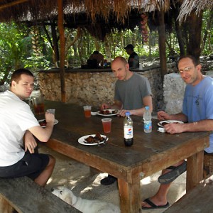 Tom (left) Leo and Harry enjoying a BBQ at Cenote Caracol