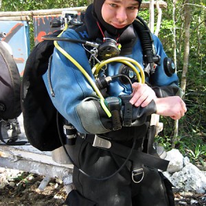 Tom getting ready for a deep penetration into Cenote Xunaan-Ha.