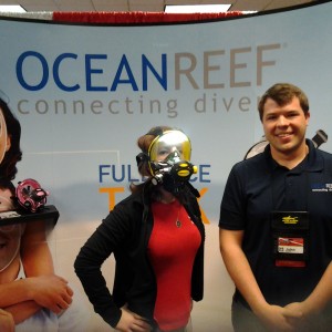 John helps Abby try on an Ocean Reef mask @ Baltimore Dive Show