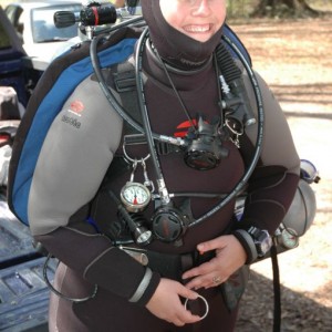 My wife Beth, ready for a dive in Devil's Ear