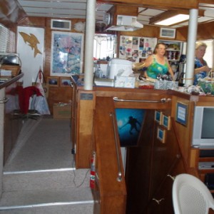 view of back of salon showing galley