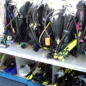 Dive deck on Nekton - gear with bins under seats