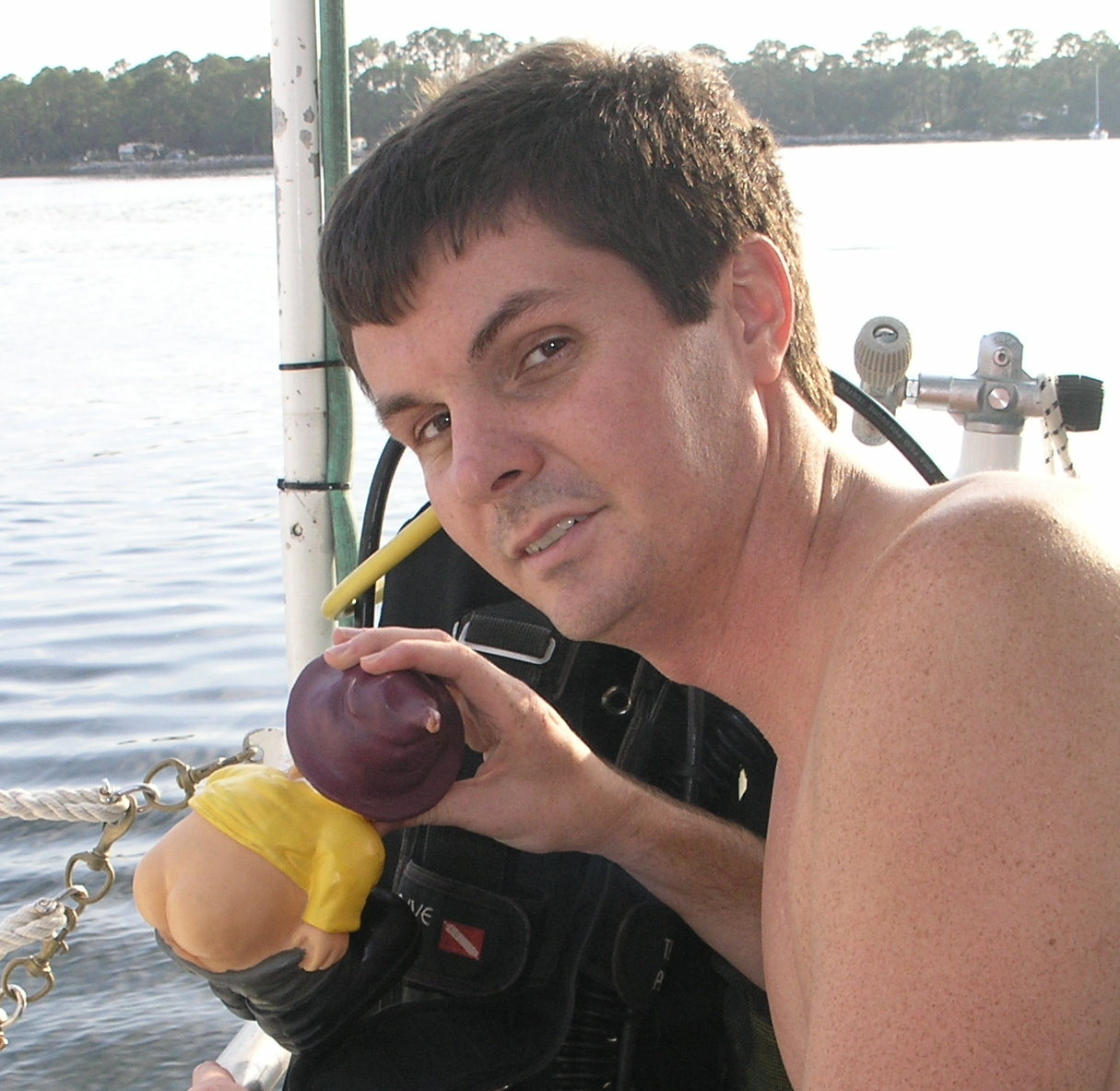 Ben does a pre-dive check on Moonie's gear