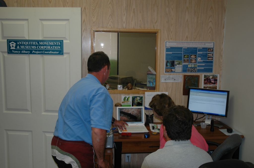 Brian, Tim, and Nancy going over footage of first Bahamas Cave Catfish