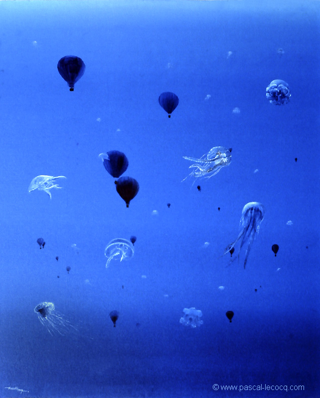 CINQ MEDUSES EN BALLON, - Five jellyfish in a balloon  -  by Pascal