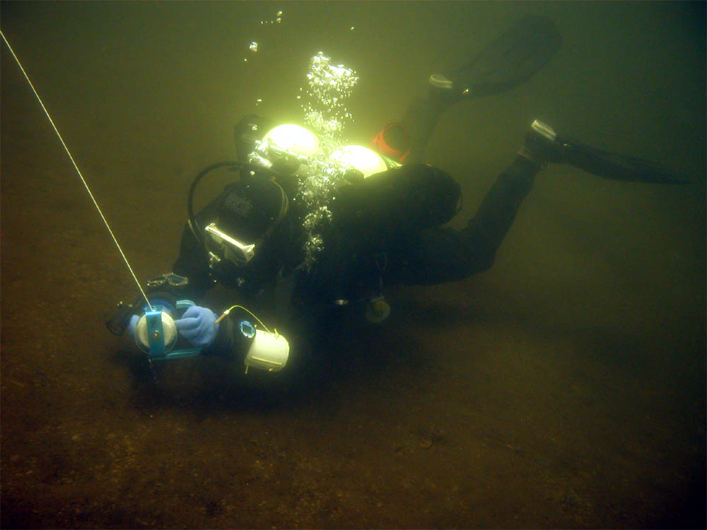 J gets his reel set. Freshwater dive at Dublin Lake, Dublin, NH, Sept 19, 2