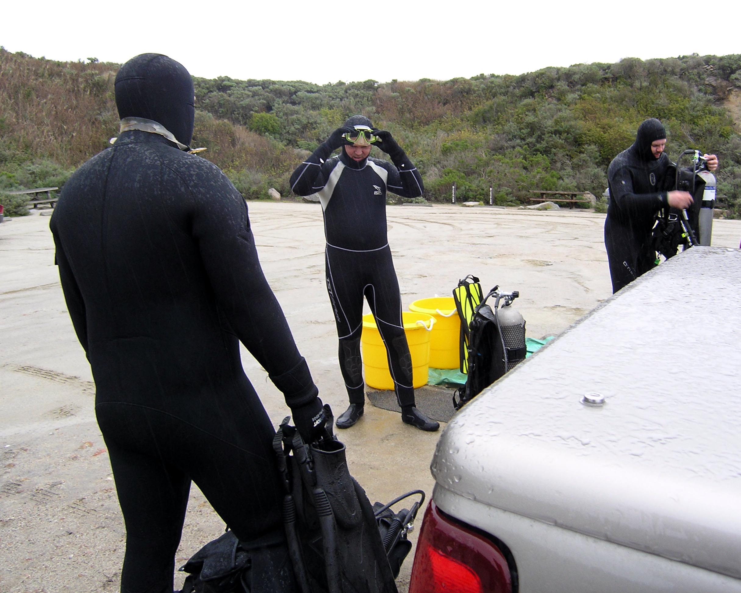 Josh, Mark, Dante in the rain