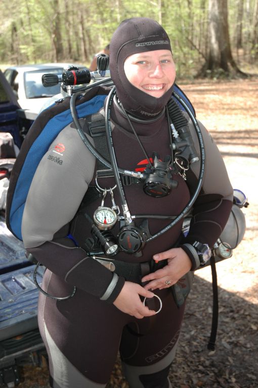 My wife Beth, ready for a dive in Devil's Ear