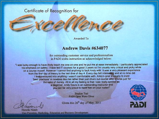 PADI Certificate of Excellence