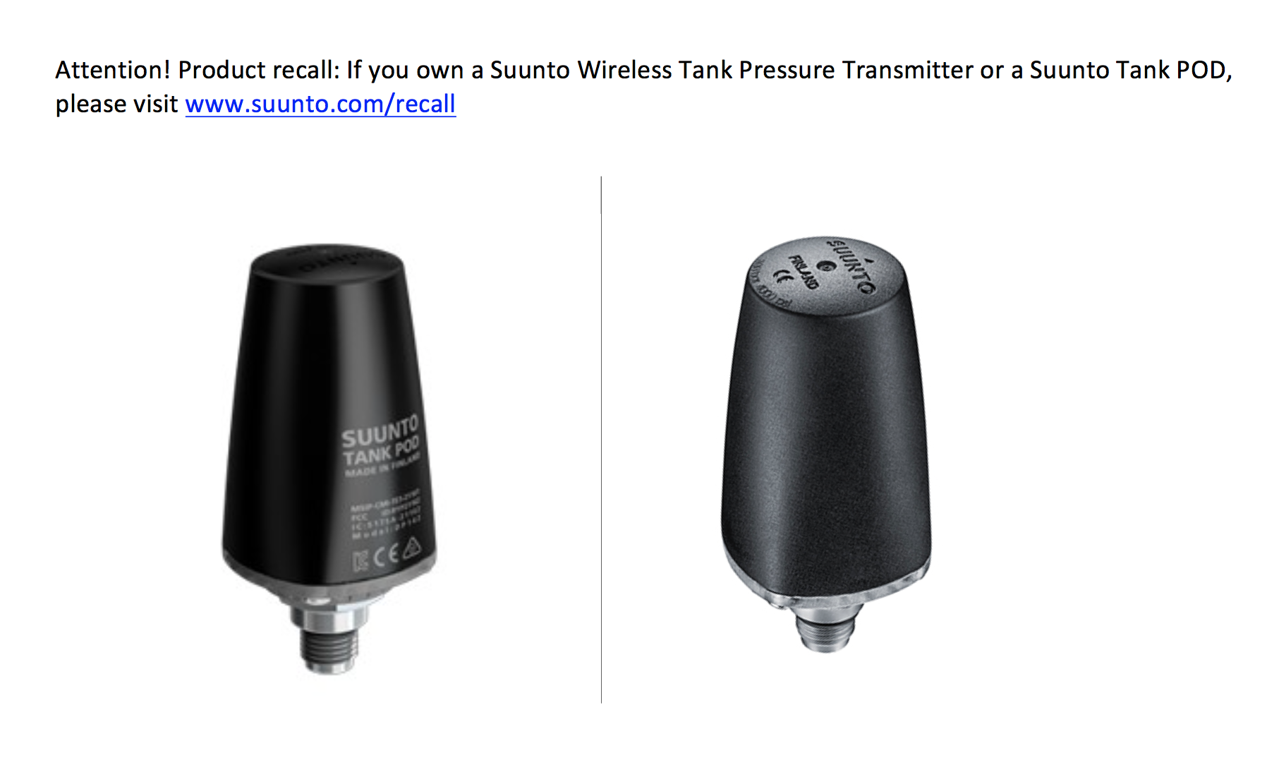 Recall Suunto Wireless  transmitters and pods