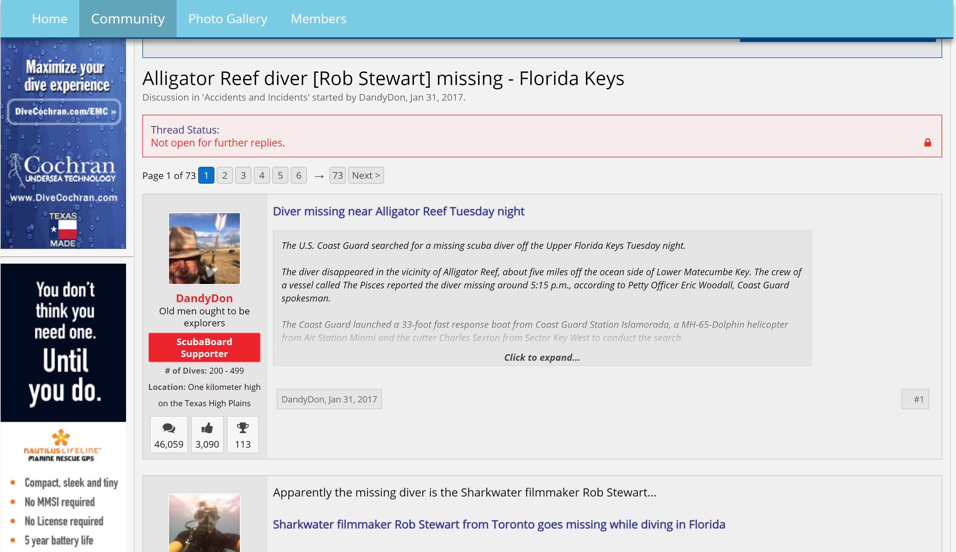 Screen Shot - Page 1 Of Alligator Reef Diver [Rob Stewart} Missing - Florida Keys