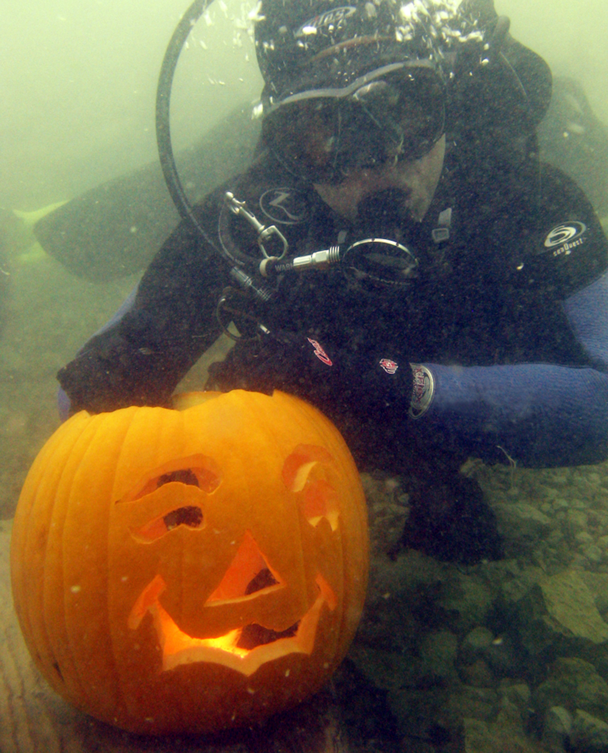 Underwater pumpkin carving