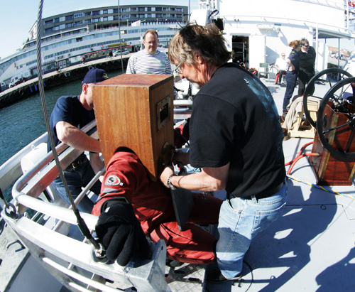 wooden helmet diving